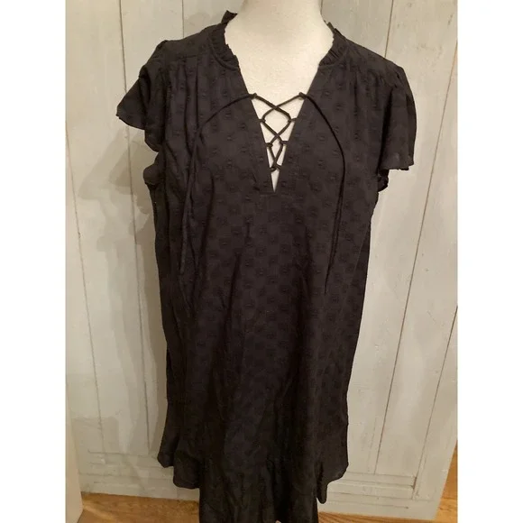 Loft Lace Up Flounce Swing Dress Black Size Lg Lightweight NEW 99$ - Picture 4 of 9